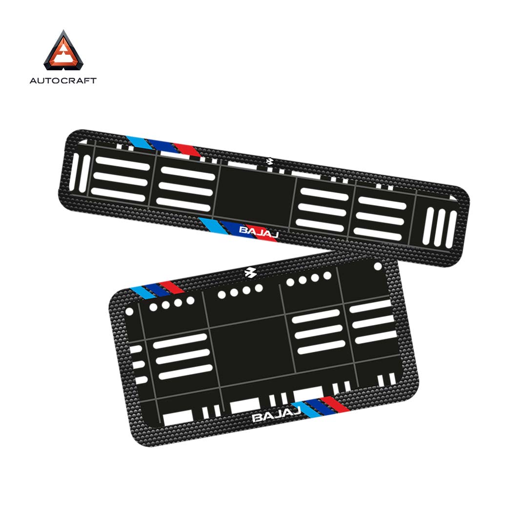 Bike Number Plate Gel Frame - Bajaj - Red & Blue Racing Stripes HSRP number plate gel frame view 1