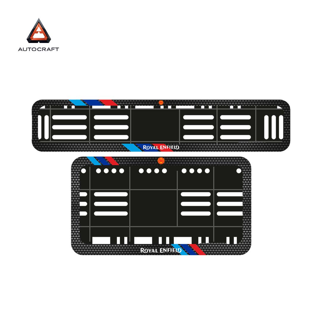 Bike Number Plate Gel Frame - Royal Enfield - Red & Blue Racing Stripes HSRP number plate gel frame view 2